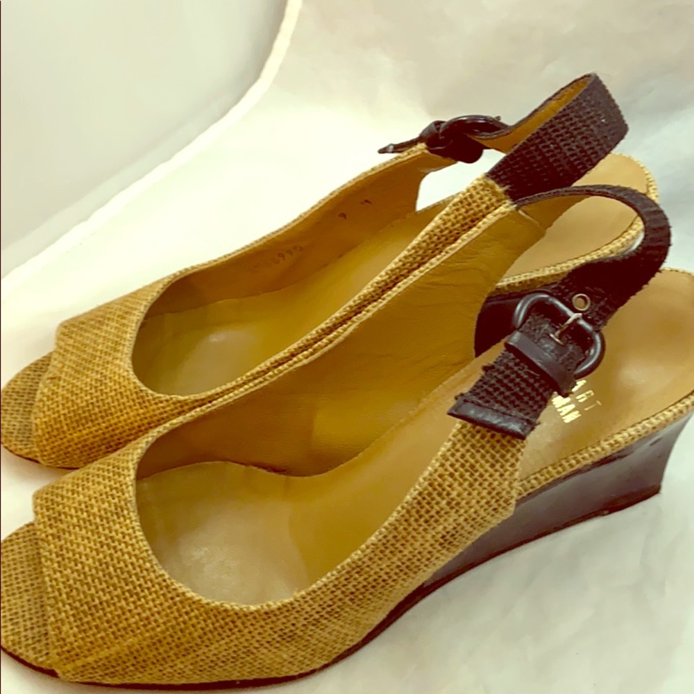Stuart Weitzman Beige Linen Tortoise Wedge